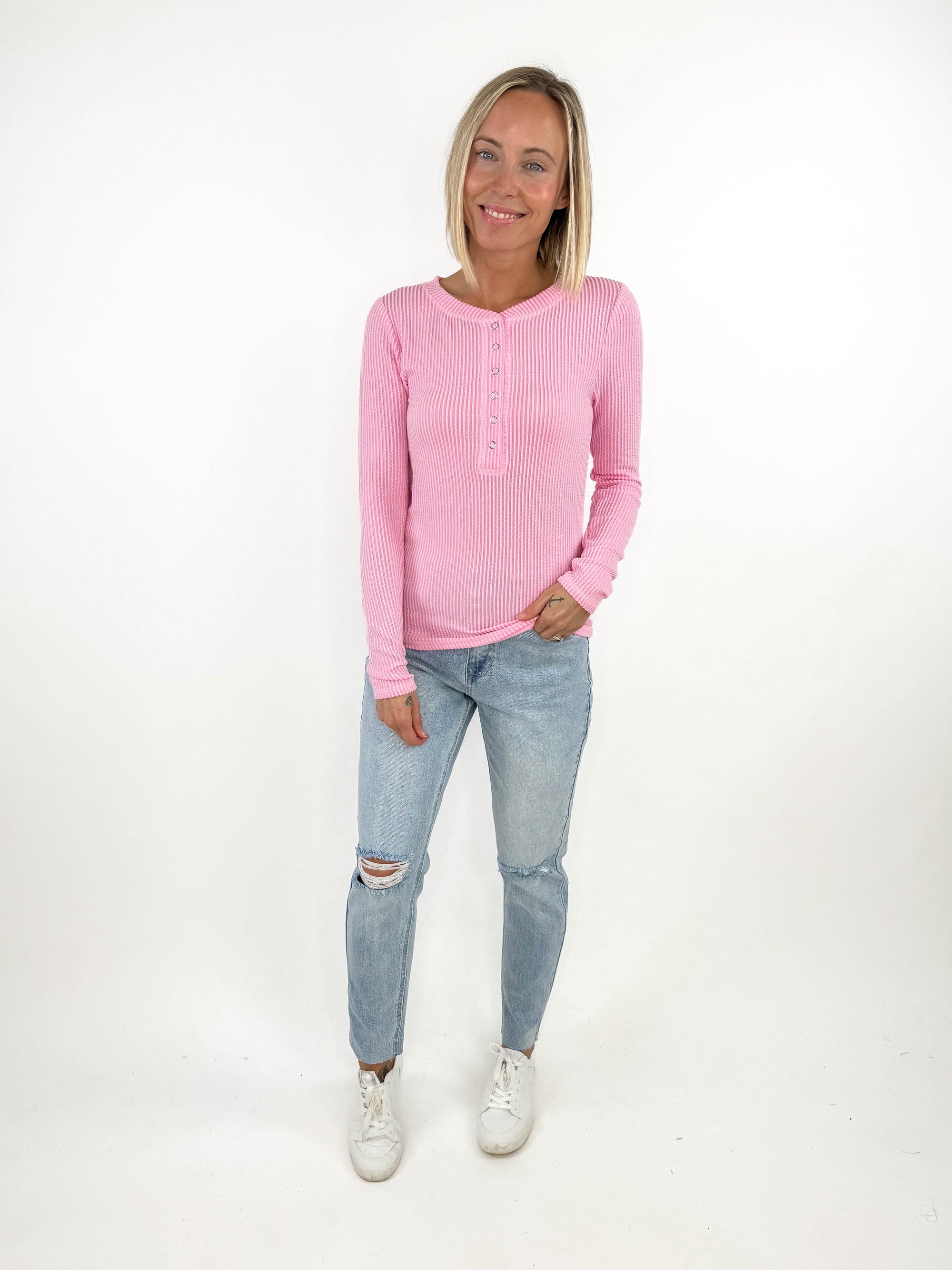 Smile Textured Button Down Long Sleeve- PINK