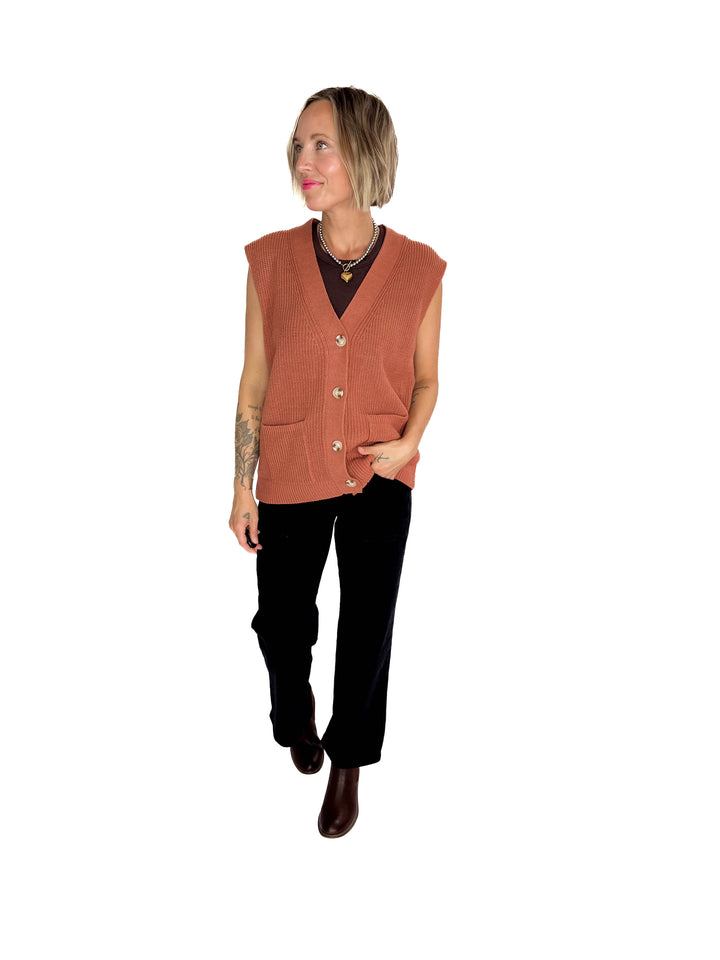 Dallas Chunky Knit Varsity Style Sweater- TERRACOTTA