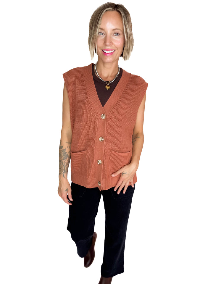 Dallas Chunky Knit Varsity Style Sweater- TERRACOTTA