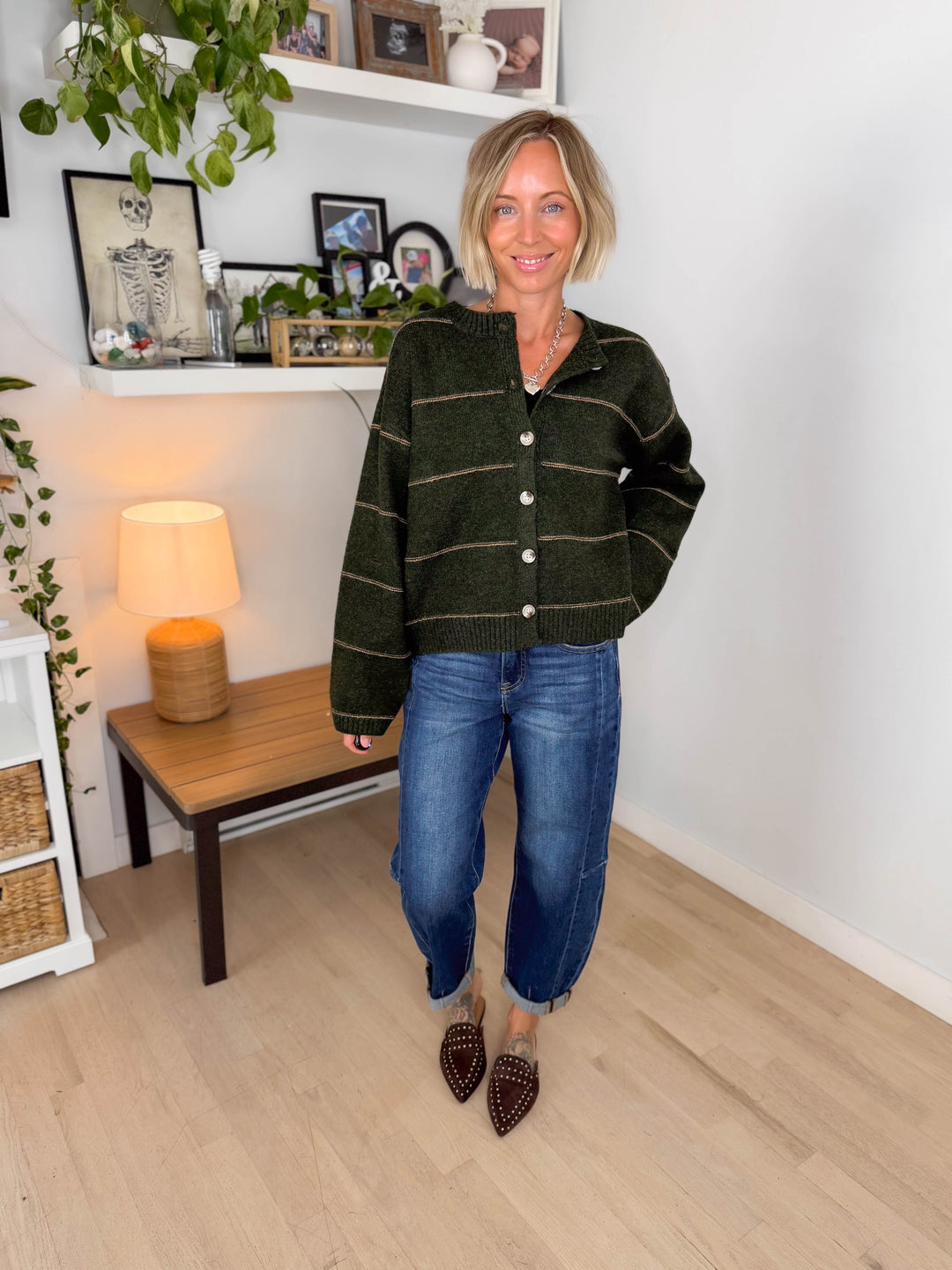 Copper Button Down Cardigan- OLIVE MULTI