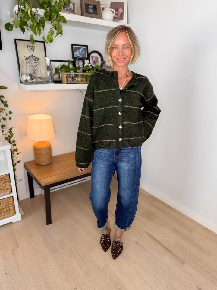 Copper Button Down Cardigan- OLIVE MULTI