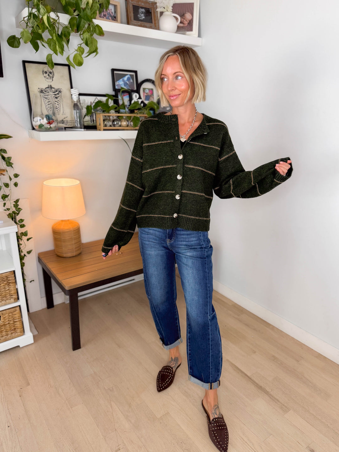 Copper Button Down Cardigan- OLIVE MULTI