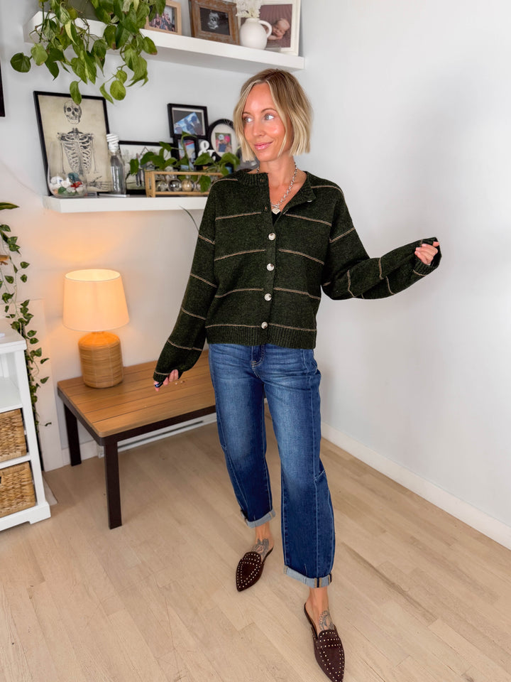 Copper Button Down Cardigan- OLIVE MULTI