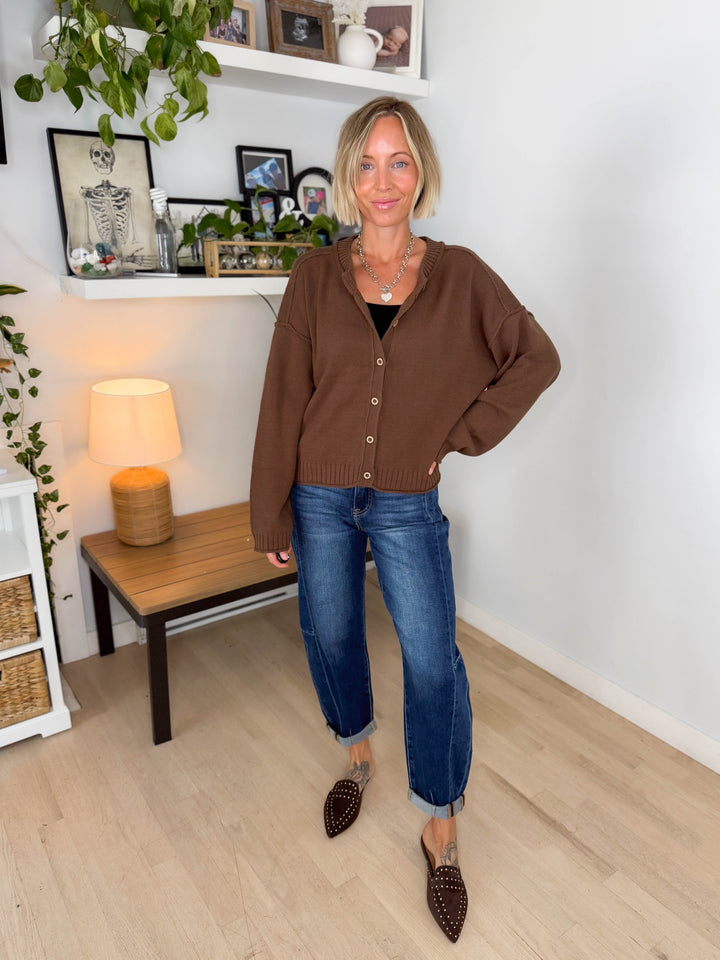 Tristyn Raw Edge Seam Button Down Cardigan- BROWN