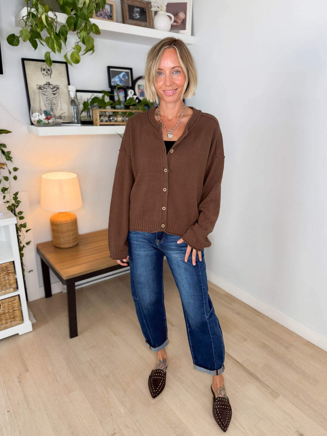 Tristyn Raw Edge Seam Button Down Cardigan- BROWN