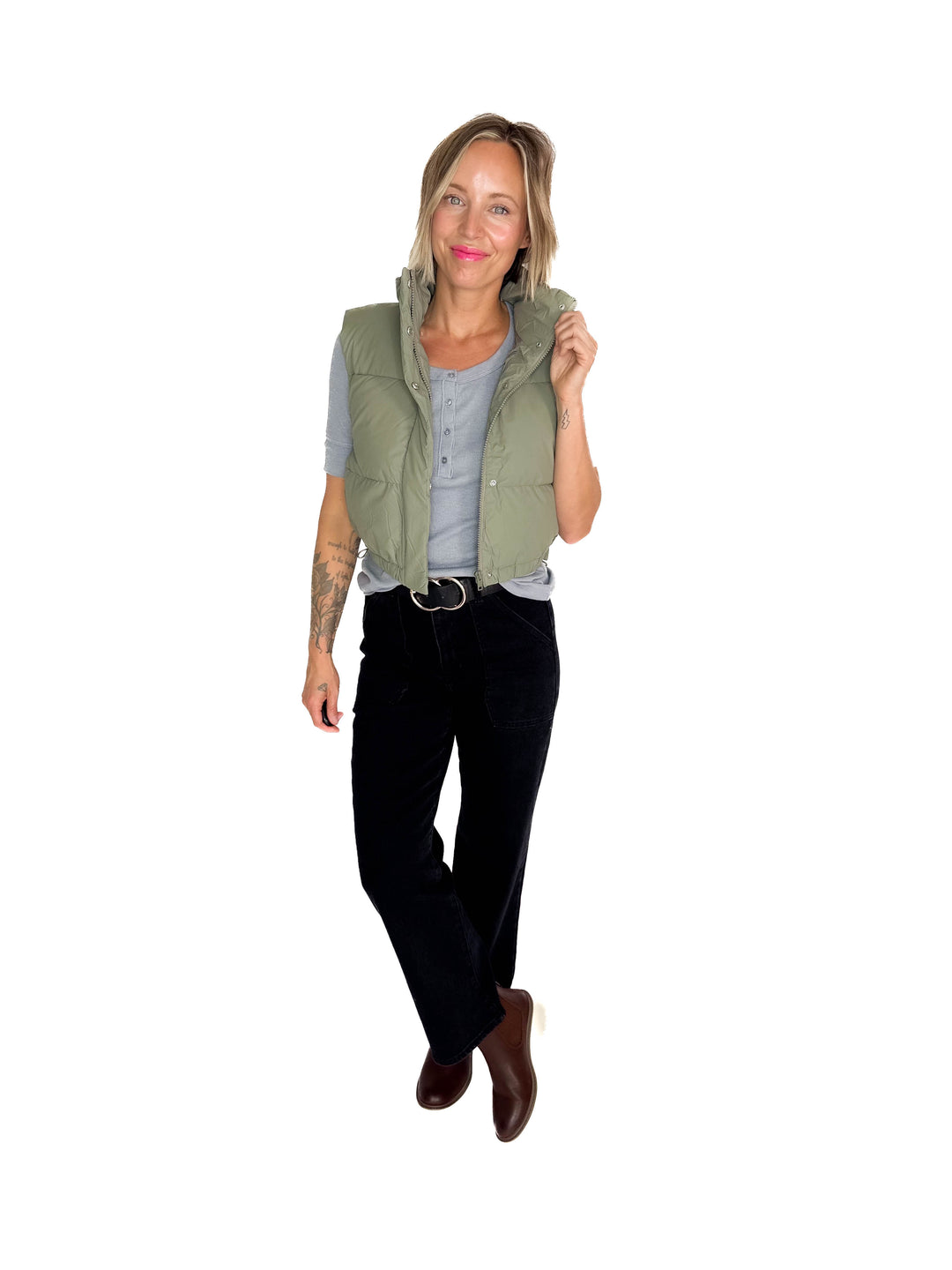 Charlie Coated Cropped Vest- OLIVE