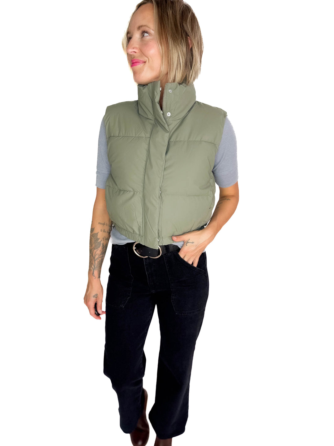 Charlie Coated Cropped Vest- OLIVE