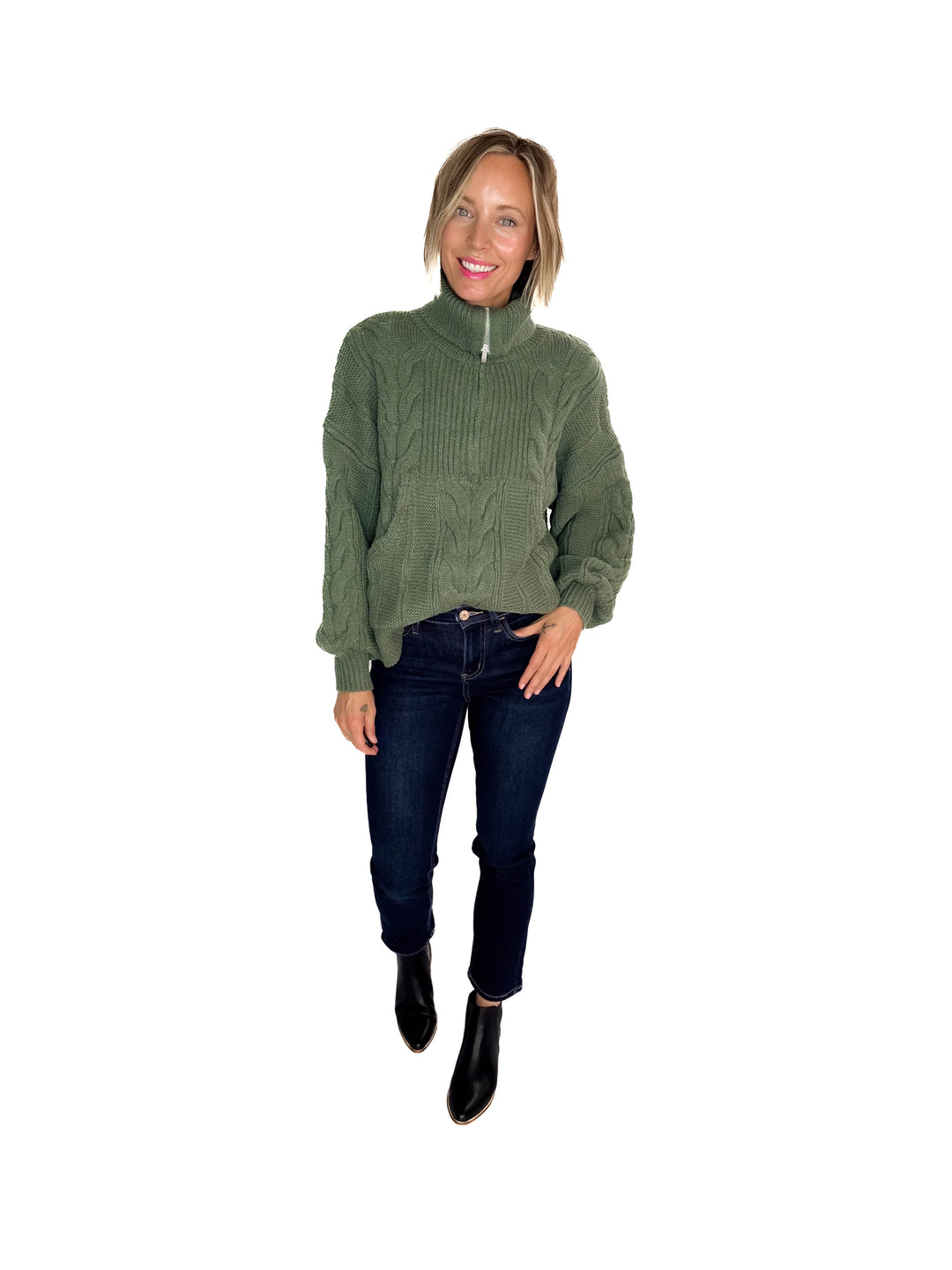 Kiki Cable Kint 1/2 Zip Sweater- SAGE