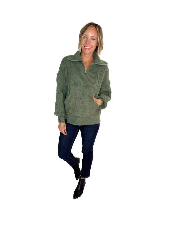 Kiki Cable Kint 1/2 Zip Sweater- SAGE
