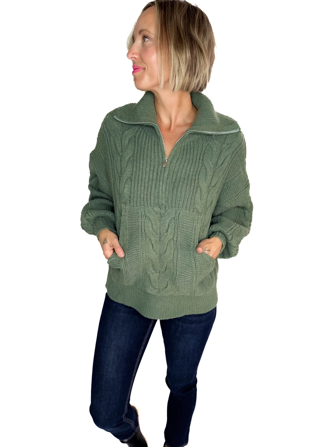 Kiki Cable Kint 1/2 Zip Sweater- SAGE