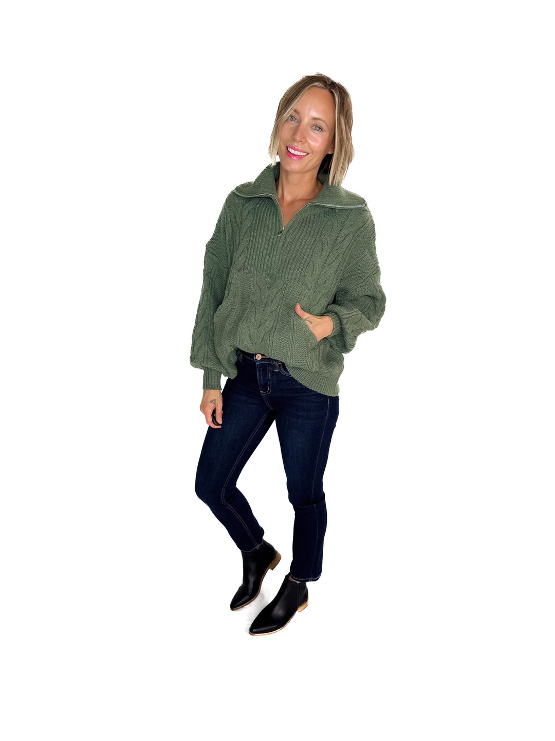 Kiki Cable Kint 1/2 Zip Sweater- SAGE