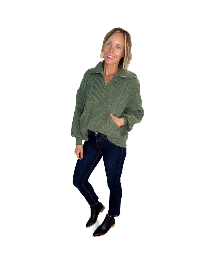 Kiki Cable Kint 1/2 Zip Sweater- SAGE