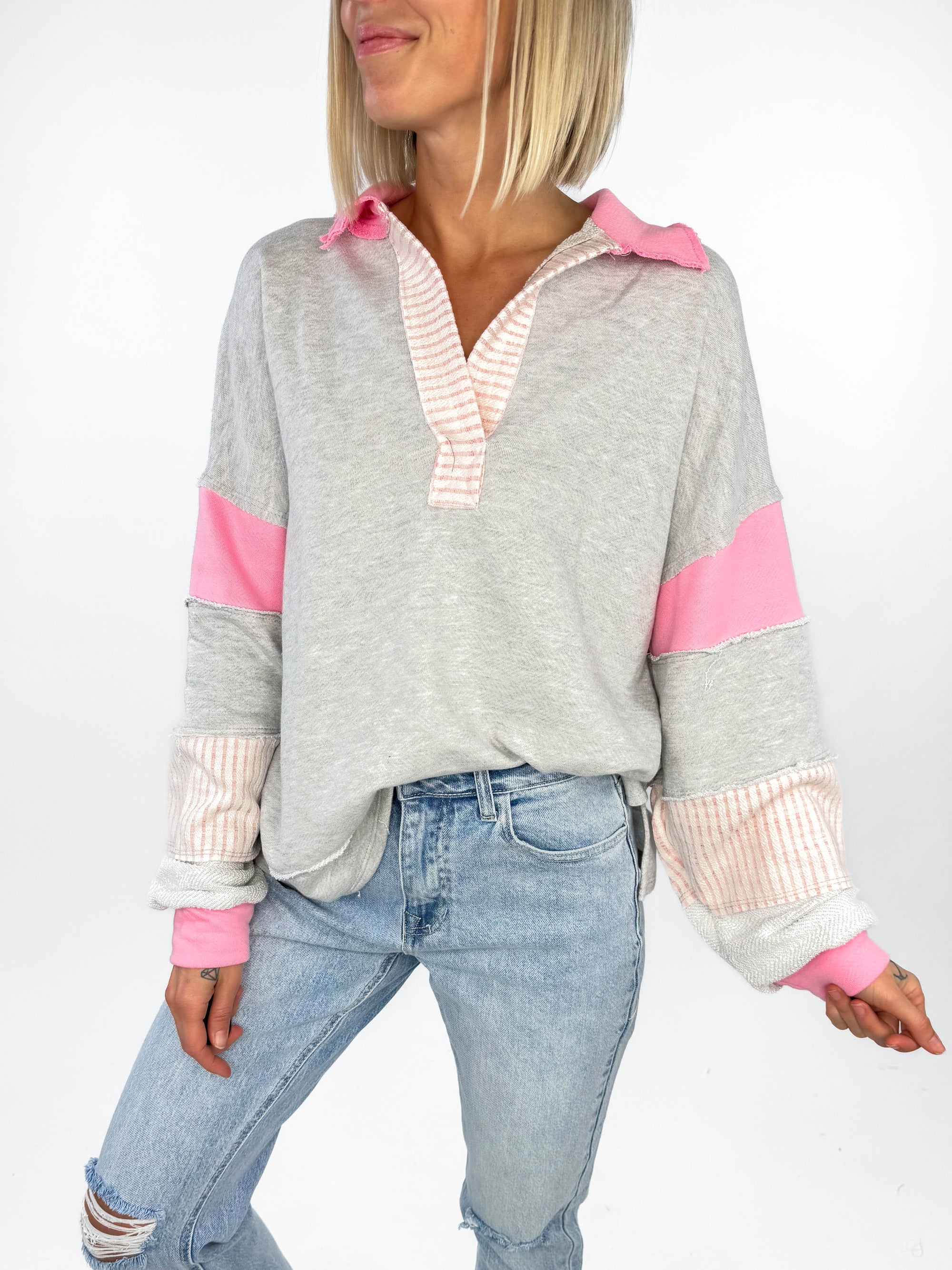 Boathouse French Terry Pullover- GREY/PINK
