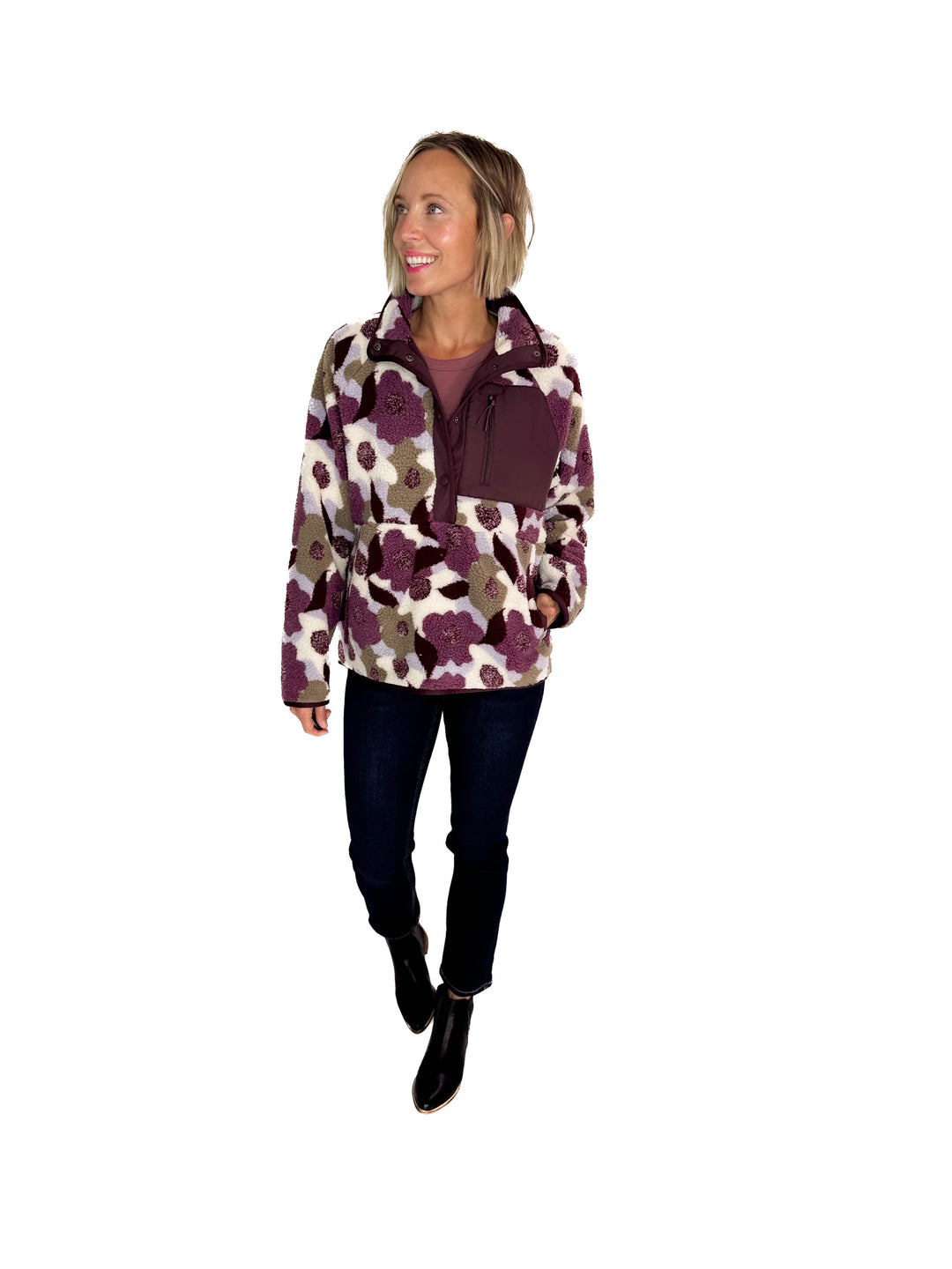 Tara Quarter Snap Sherpa Pullover- SASSAFRAS RETRO FLORAL
