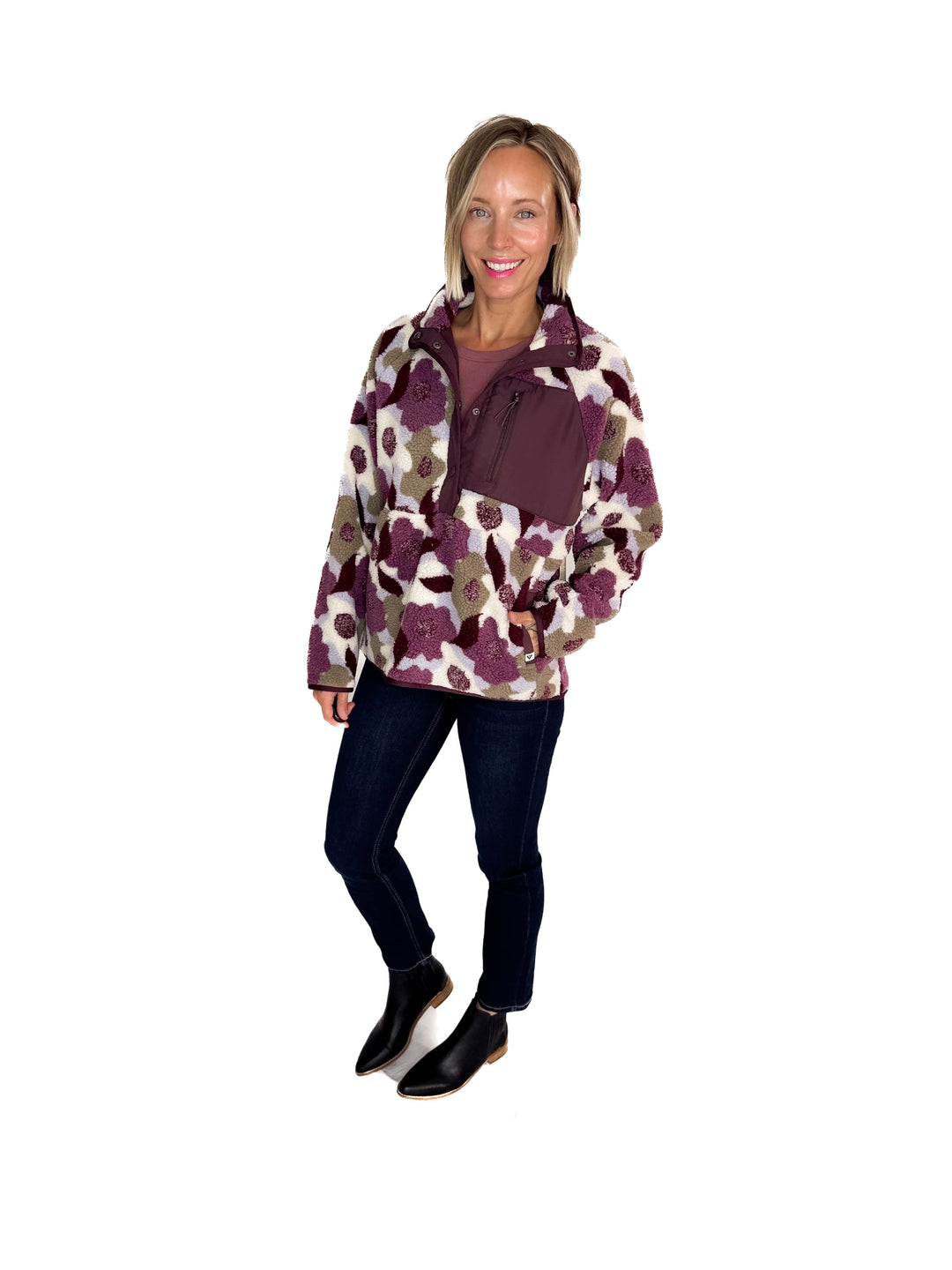 Tara Quarter Snap Sherpa Pullover- SASSAFRAS RETRO FLORAL