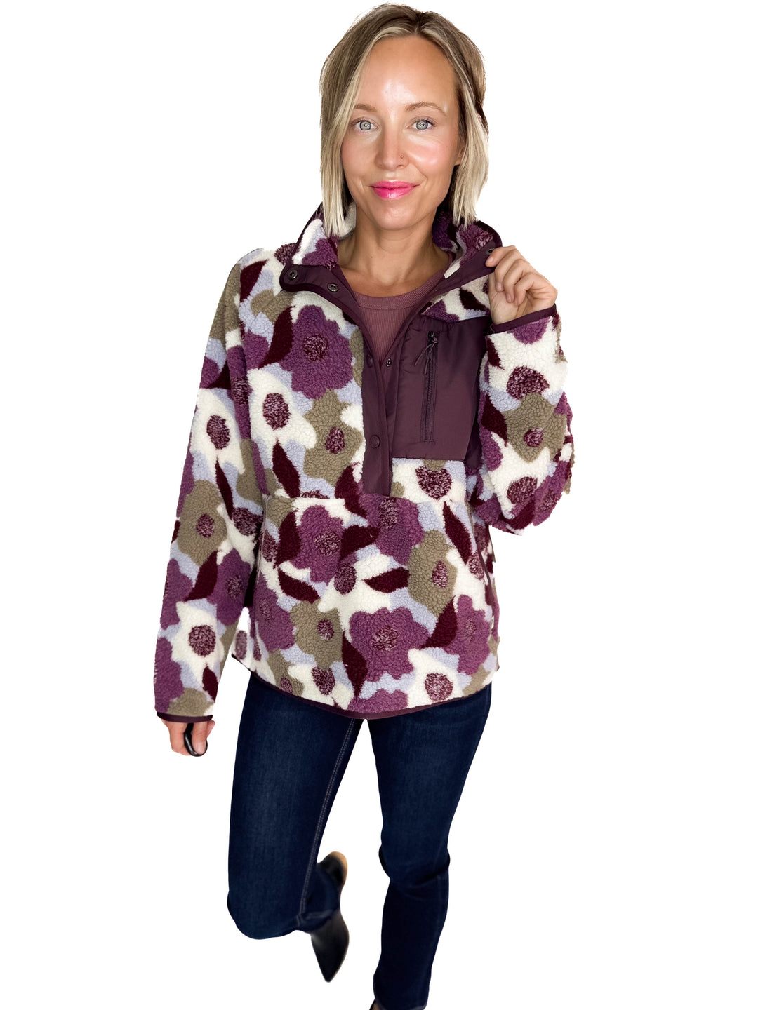 Tara Quarter Snap Sherpa Pullover- SASSAFRAS RETRO FLORAL