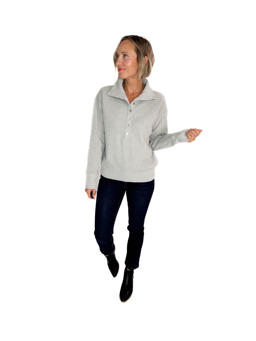 Mono B Nicola Harbor Waffle Knit Half Button Pullover- HEATHER GREY