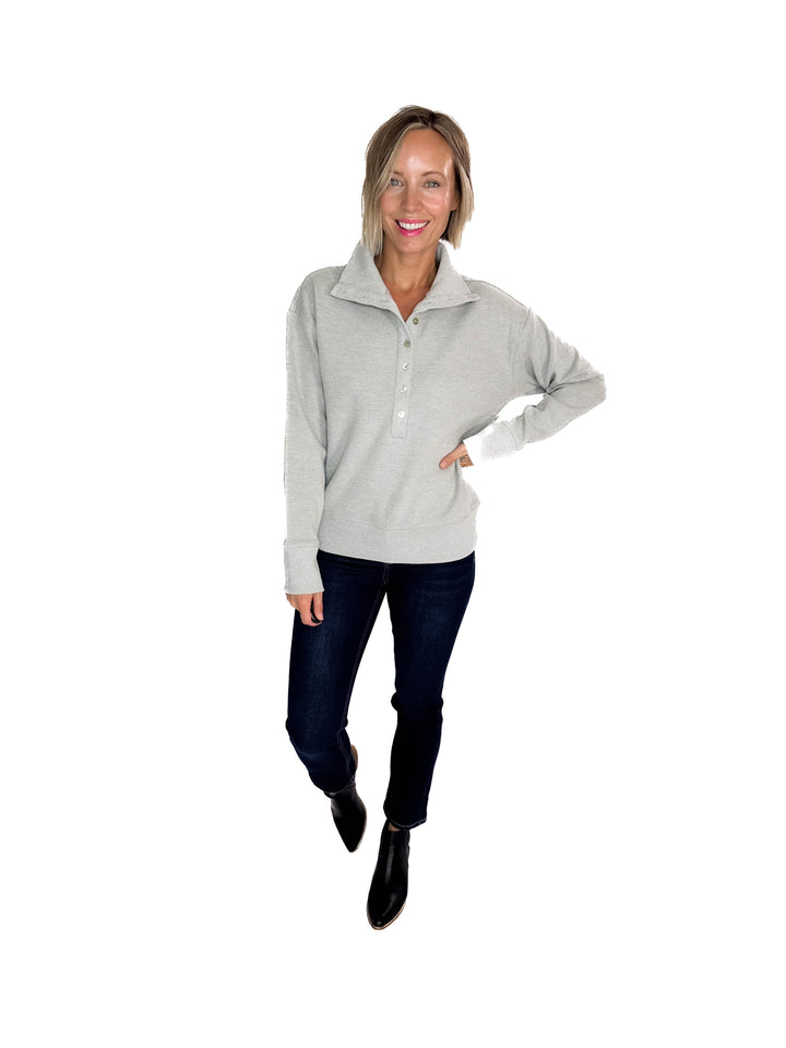 Mono B Nicola Harbor Waffle Knit Half Button Pullover- HEATHER GREY