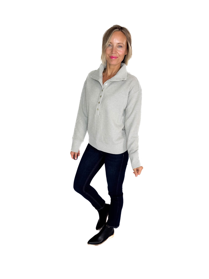 Mono B Nicola Harbor Waffle Knit Half Button Pullover- HEATHER GREY
