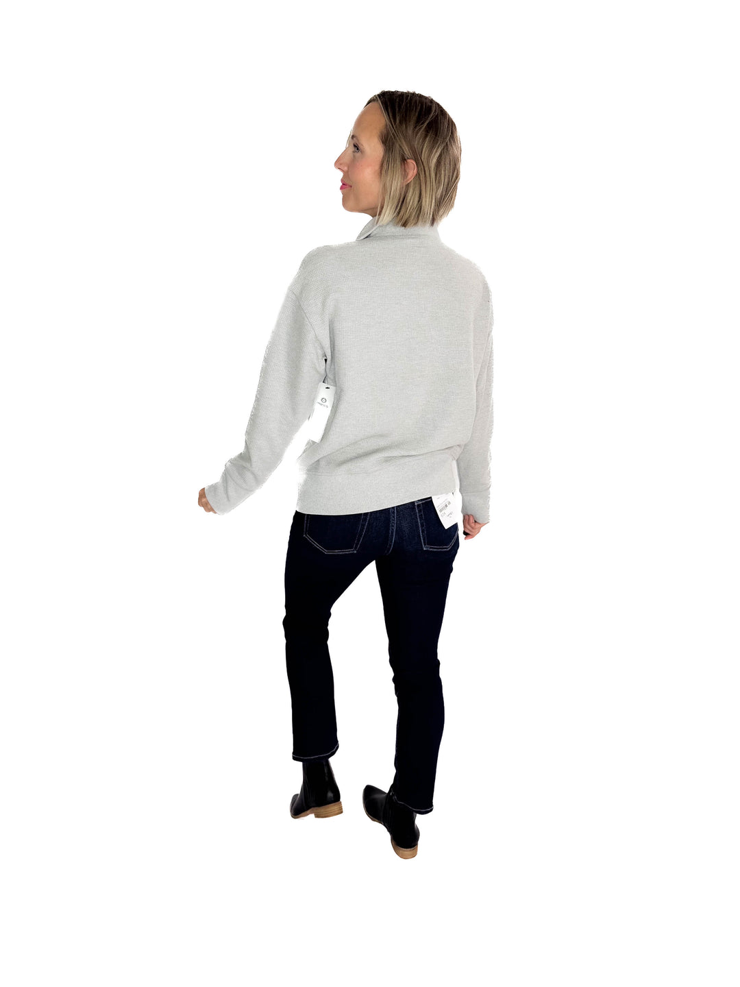 Mono B Nicola Harbor Waffle Knit Half Button Pullover- HEATHER GREY