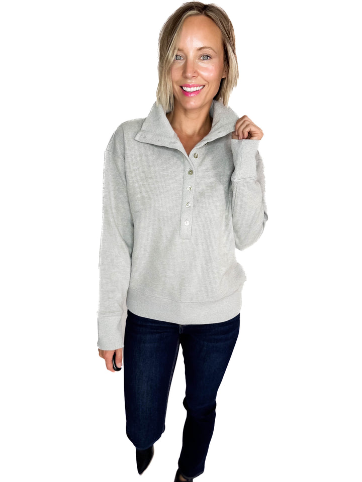 Mono B Nicola Harbor Waffle Knit Half Button Pullover- HEATHER GREY