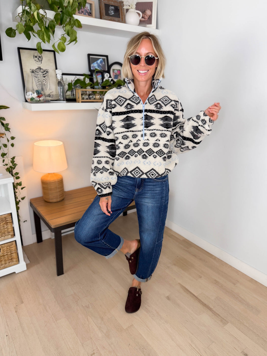 ONLY Janne Aztec Sherpa 1/2 Zip- BIRCH