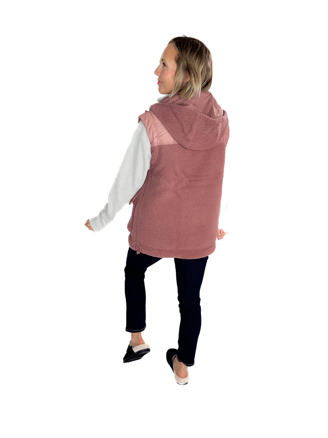 MONO B Peak Fleece Zip Up Hooded Vest- ROSE TAUPE