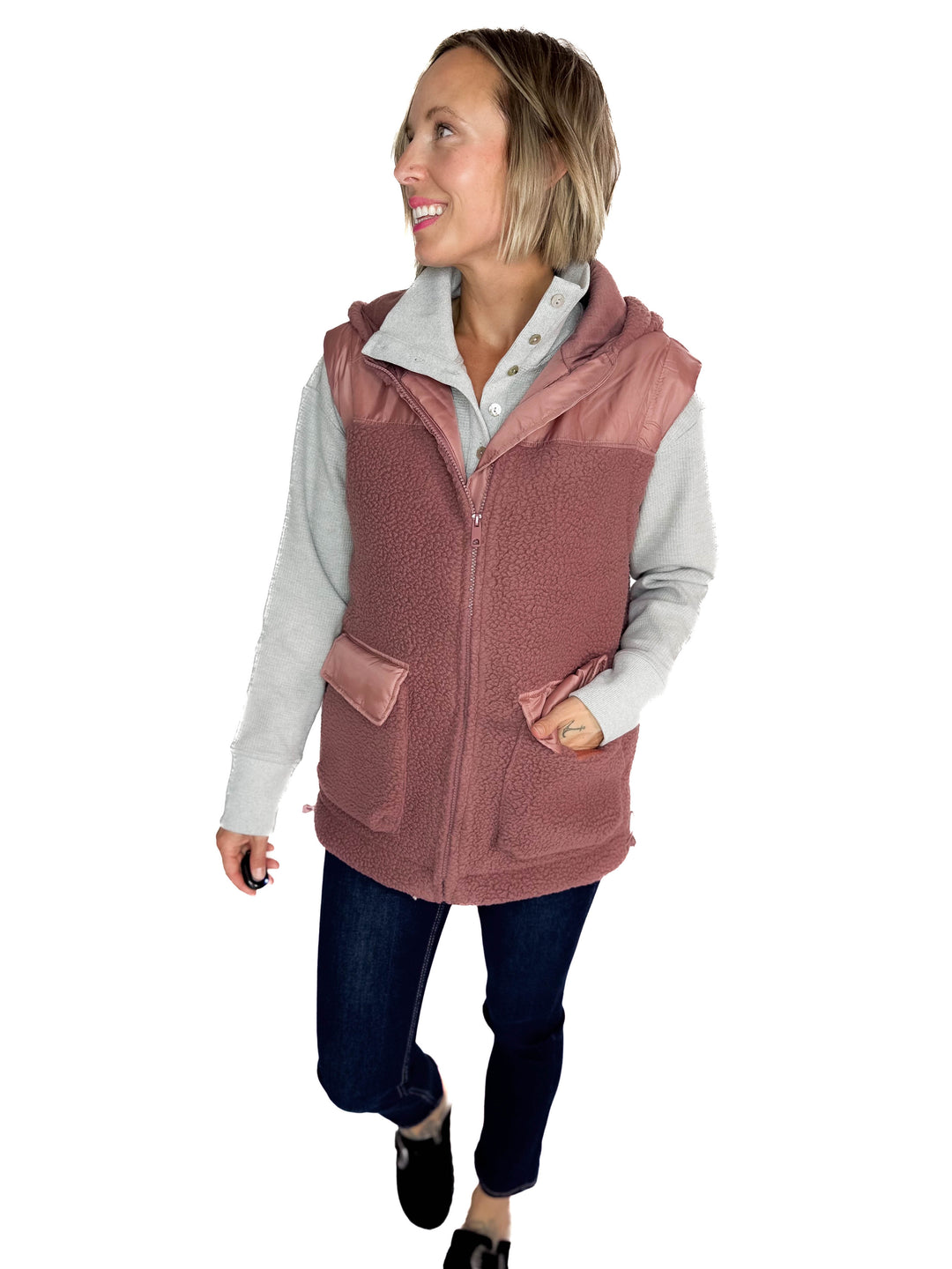 MONO B Peak Fleece Zip Up Hooded Vest- ROSE TAUPE