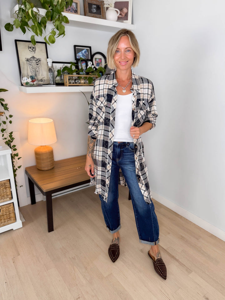 Spruce Bleached Plaid Duster- IVORY/NAVY