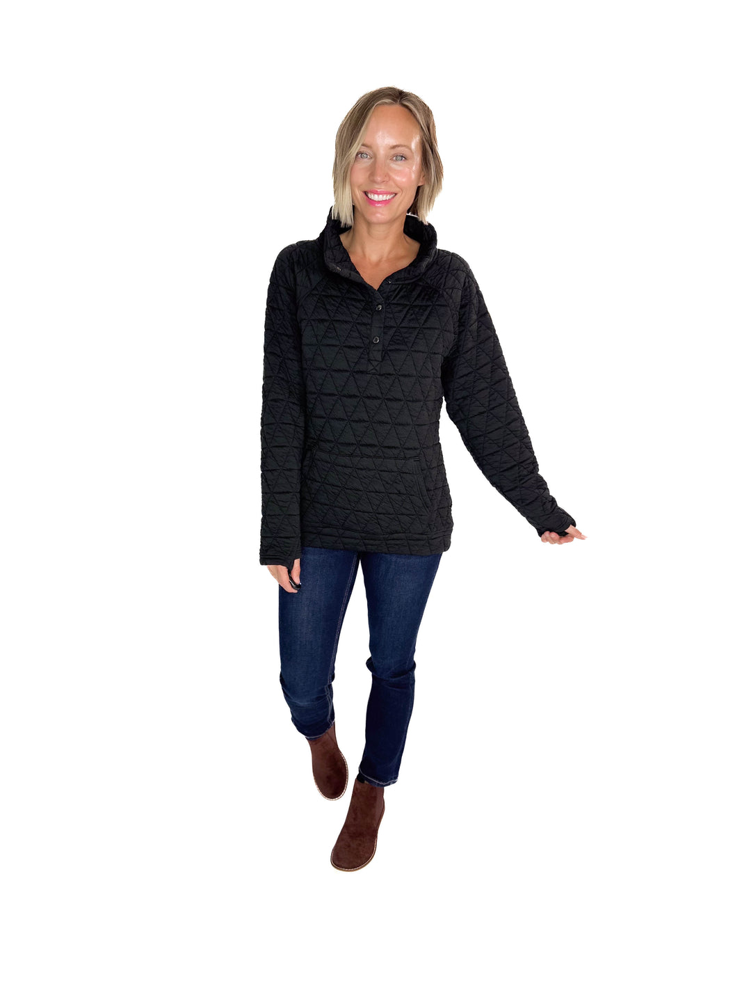MICHELLE MAE Georgia Quilted Snap Button Pullover- BLACK