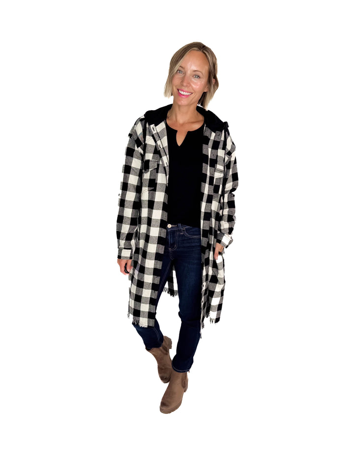 Falling Leaves Plaid Hoodie Jacket- WHITE/BLACK-FINAL SALE