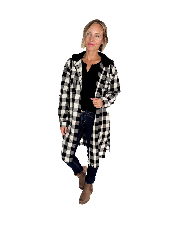 Falling Leaves Plaid Hoodie Jacket- WHITE/BLACK-FINAL SALE