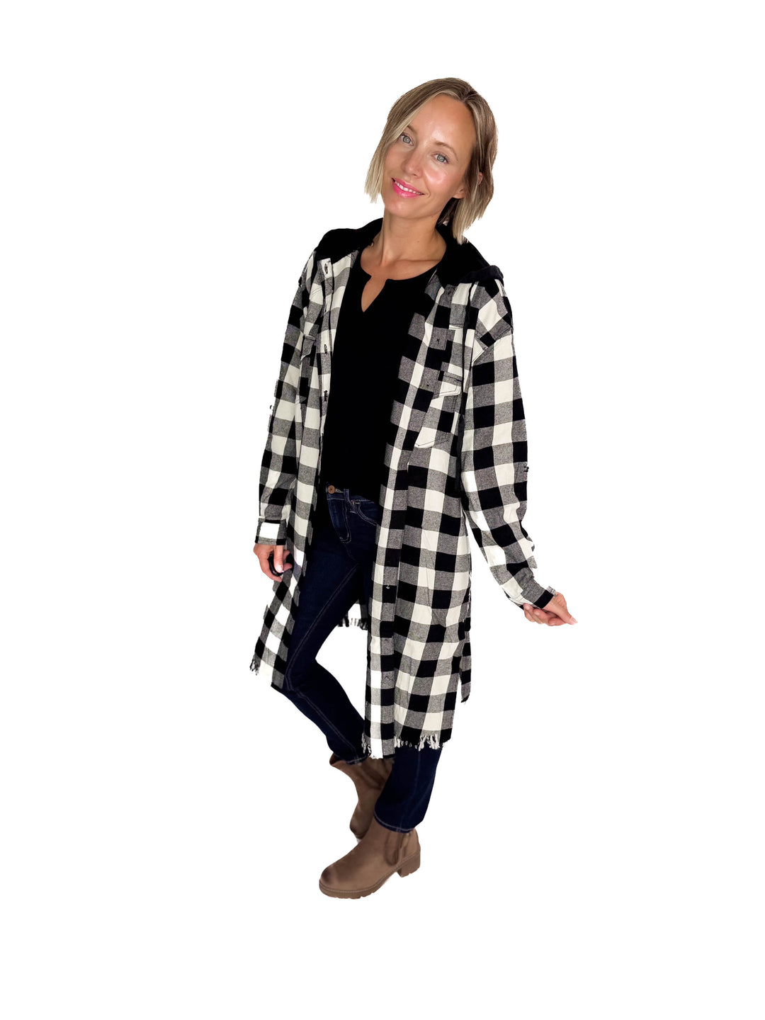 Falling Leaves Plaid Hoodie Jacket- WHITE/BLACK-FINAL SALE