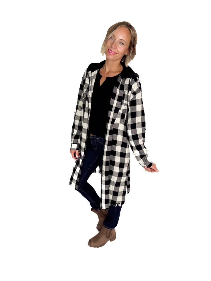 Falling Leaves Plaid Hoodie Jacket- WHITE/BLACK-FINAL SALE