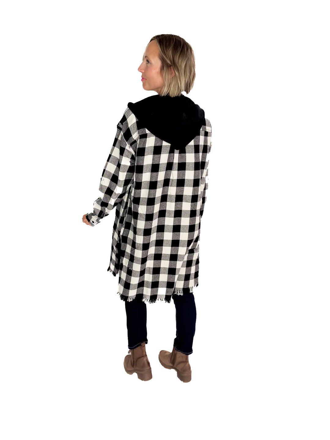 Falling Leaves Plaid Hoodie Jacket- WHITE/BLACK-FINAL SALE
