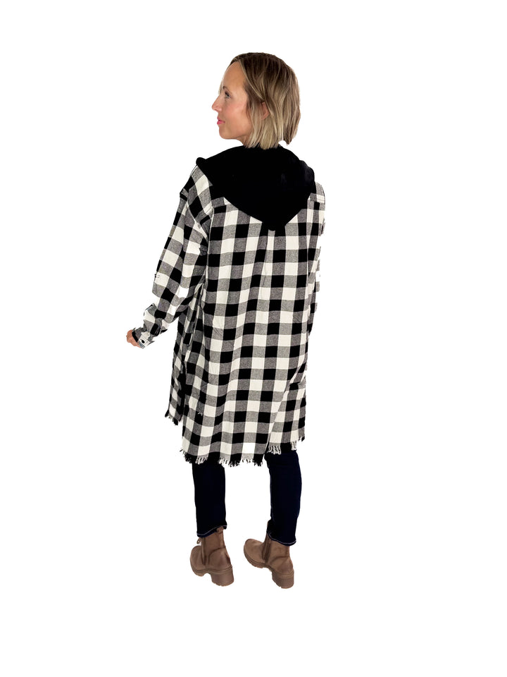 Falling Leaves Plaid Hoodie Jacket- WHITE/BLACK-FINAL SALE