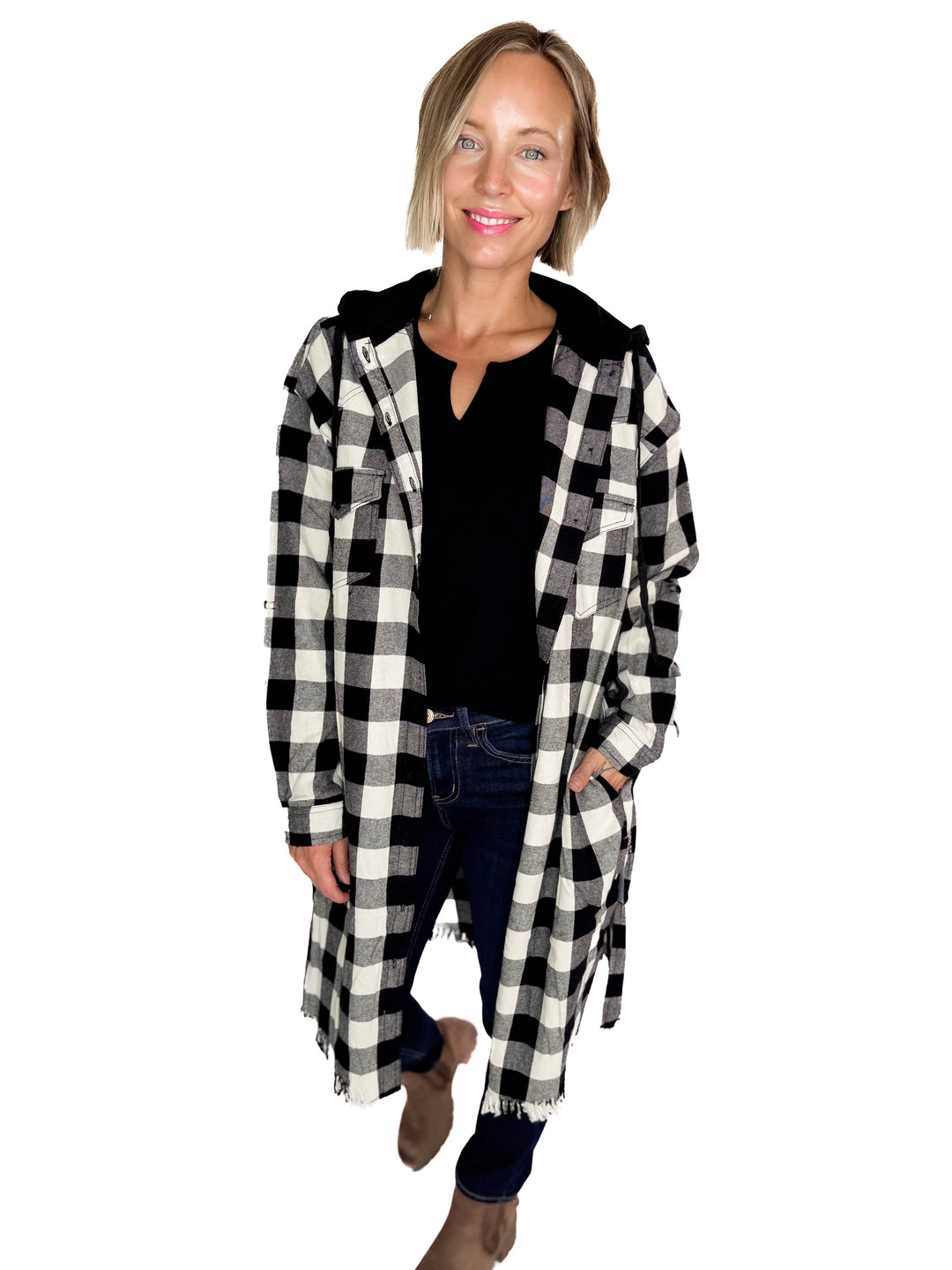 Falling Leaves Plaid Hoodie Jacket- WHITE/BLACK-FINAL SALE