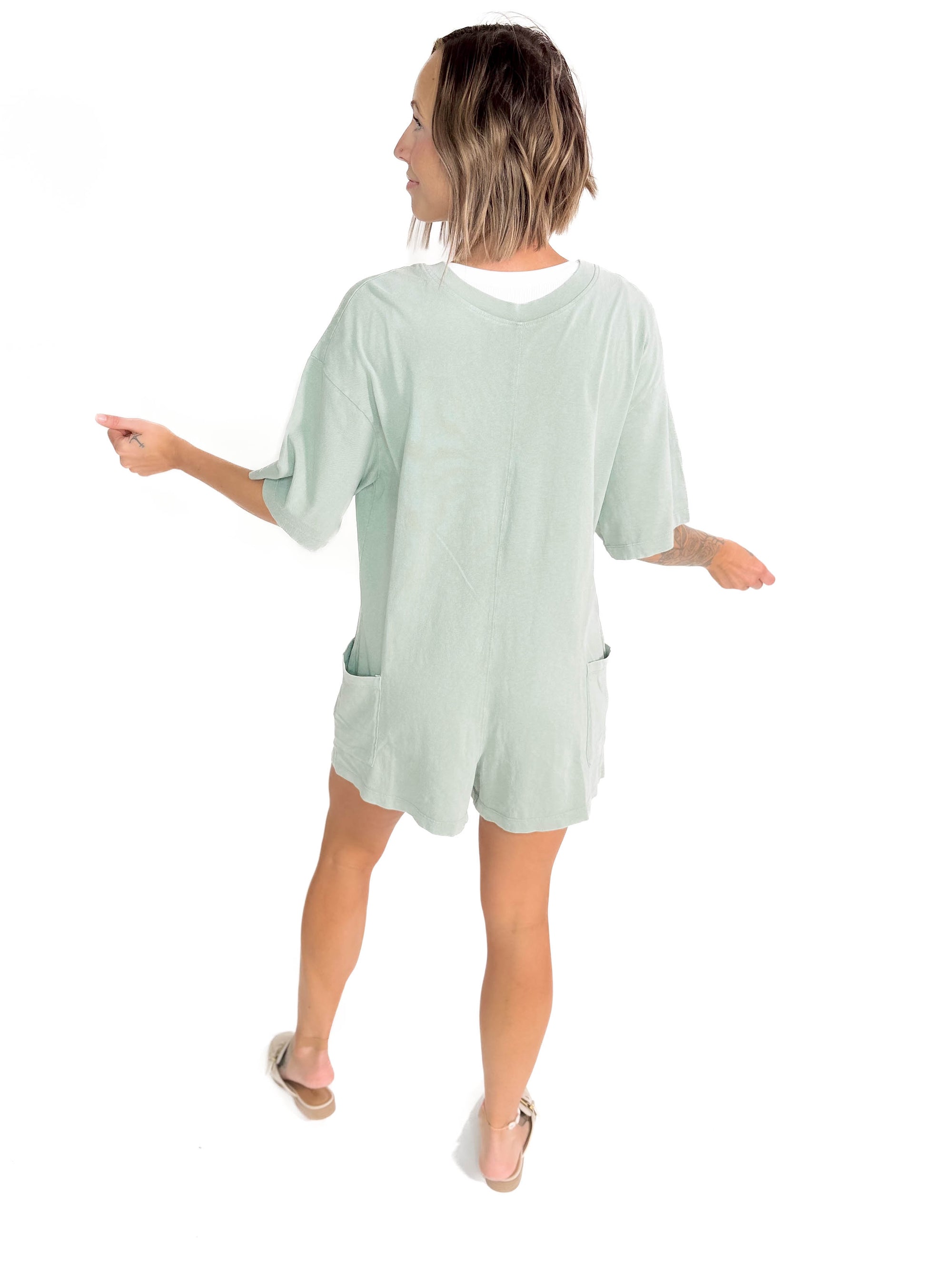 Arizona Cotton Reversible Pocket Romper- SAGE GREEN