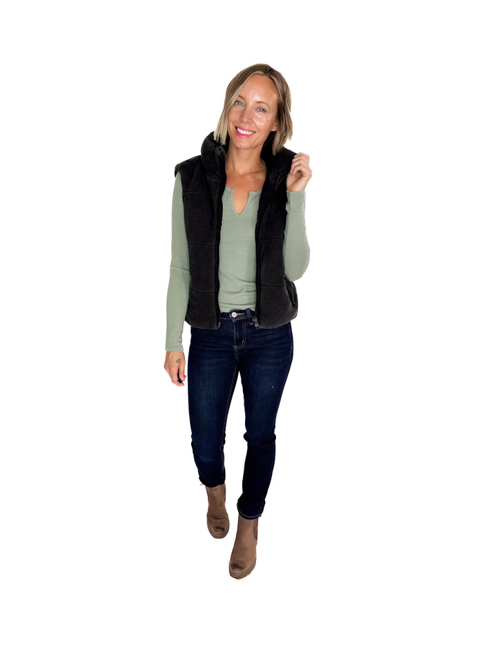 Jacklyn Denim Feel Zip Up Puffer Vest- CHARCOAL