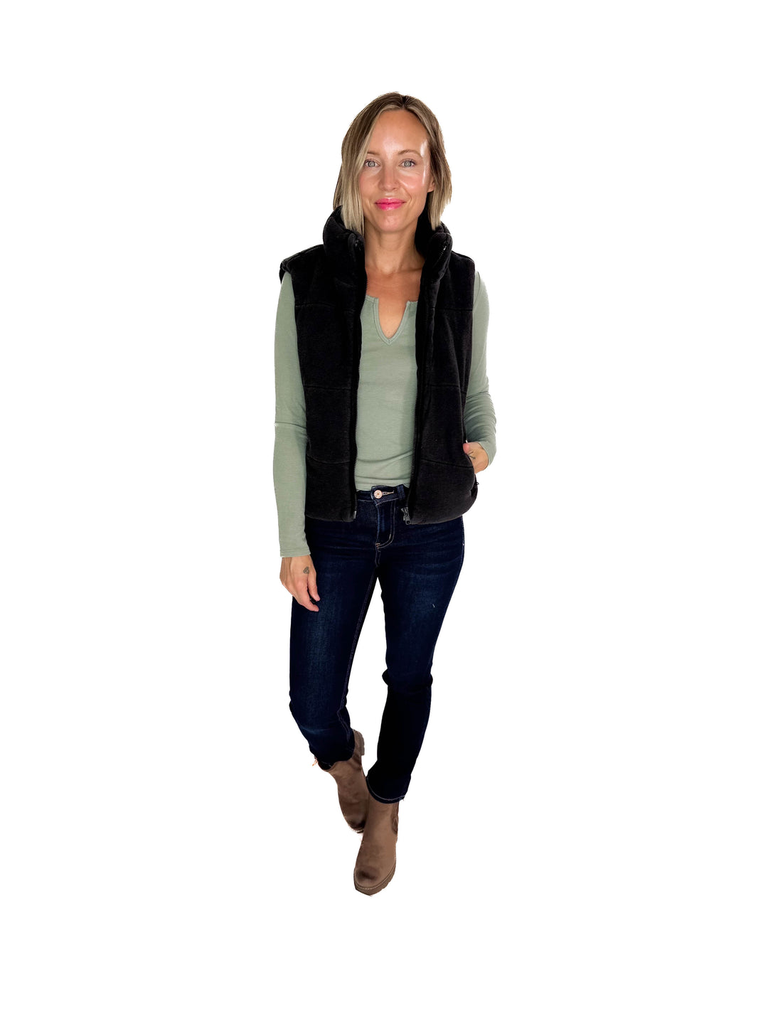 Jacklyn Denim Feel Zip Up Puffer Vest- CHARCOAL