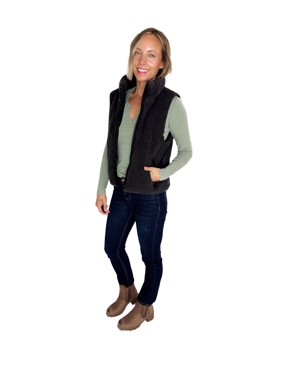 Jacklyn Denim Feel Zip Up Puffer Vest- CHARCOAL