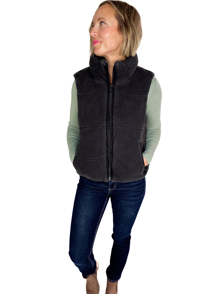 Jacklyn Denim Feel Zip Up Puffer Vest- CHARCOAL