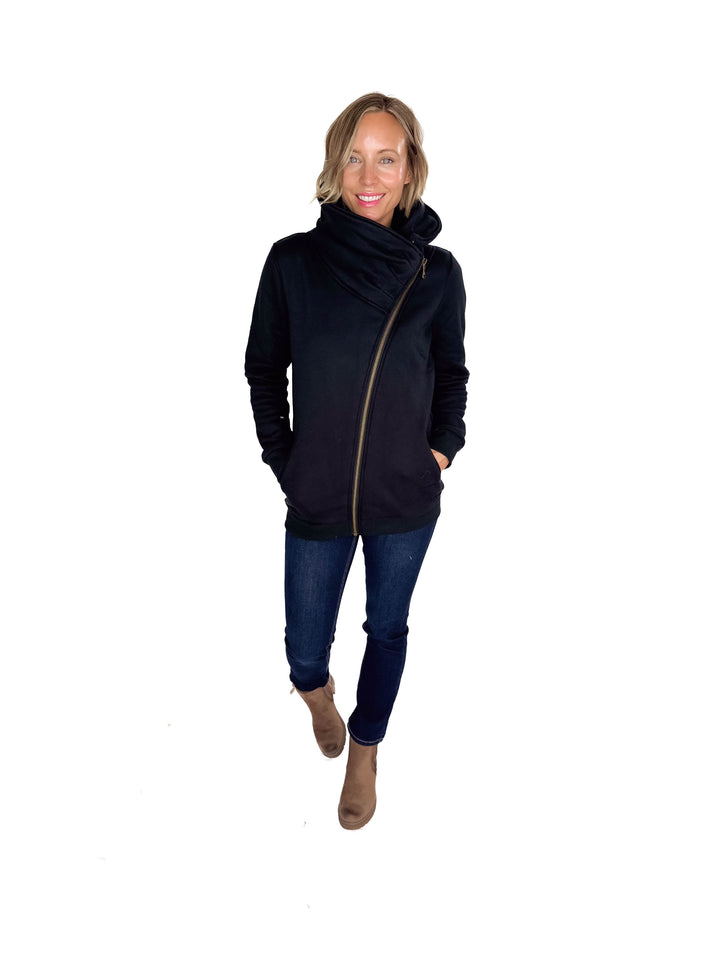 MICHELLE MAE Quinn Premium Cowl Neck Full Zip- BLACK