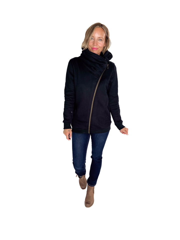 MICHELLE MAE Quinn Premium Cowl Neck Full Zip- BLACK
