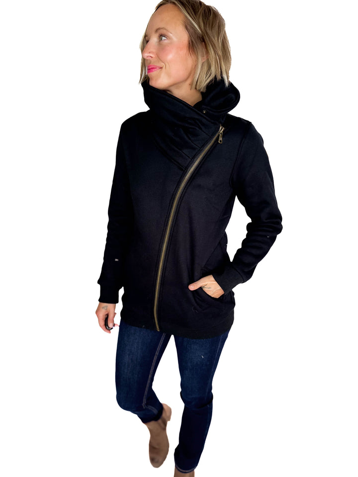 MICHELLE MAE Quinn Premium Cowl Neck Full Zip- BLACK