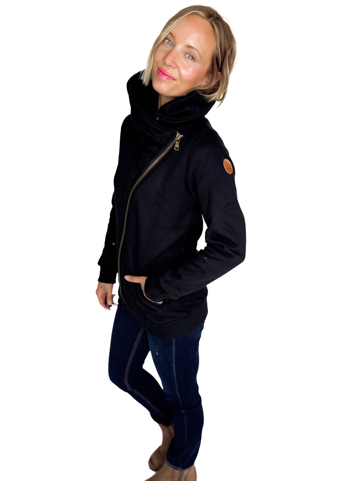 MICHELLE MAE Quinn Premium Cowl Neck Full Zip- BLACK