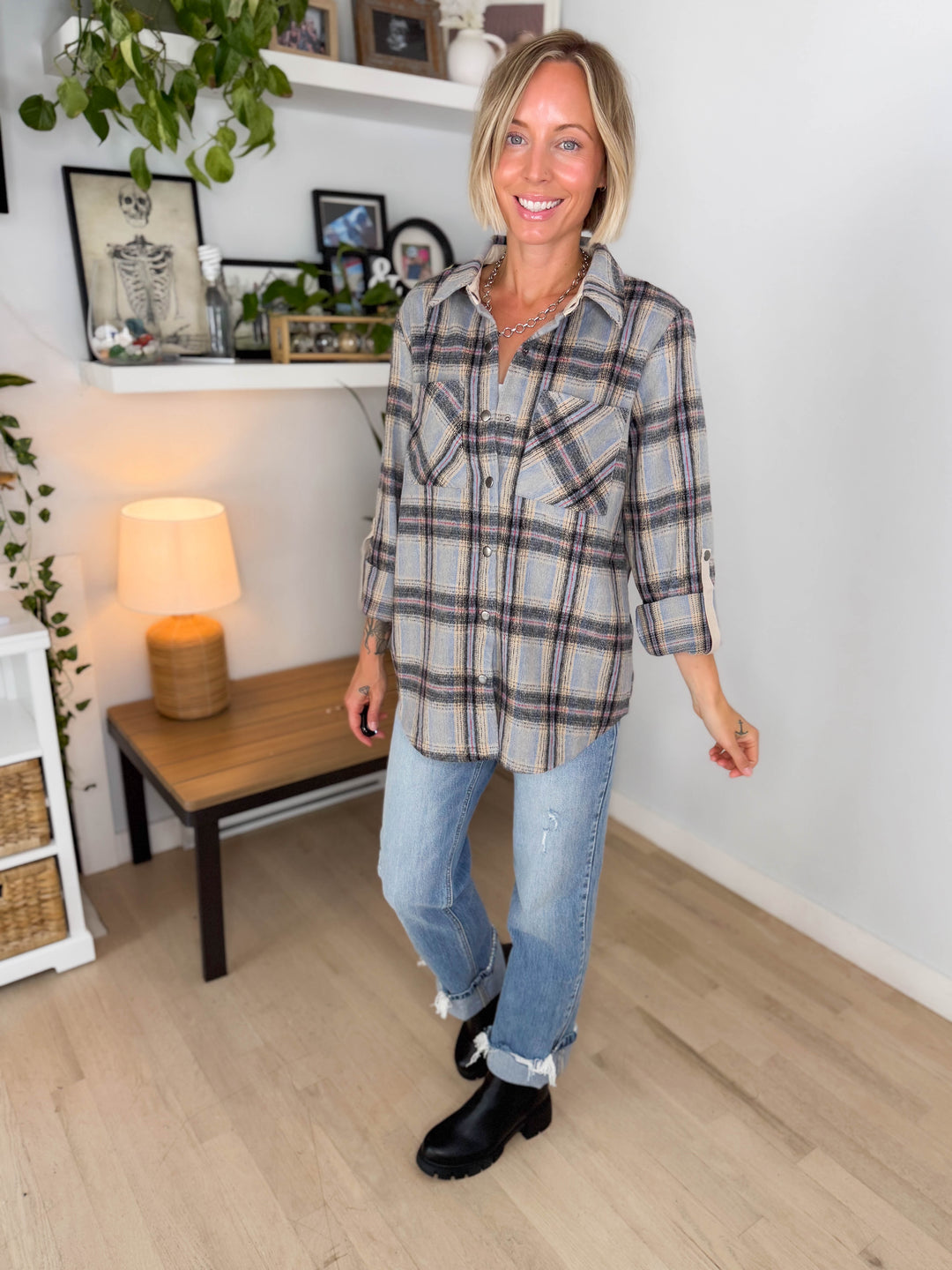 Chai Plaid Shacket- LIGHT BLUE MIX