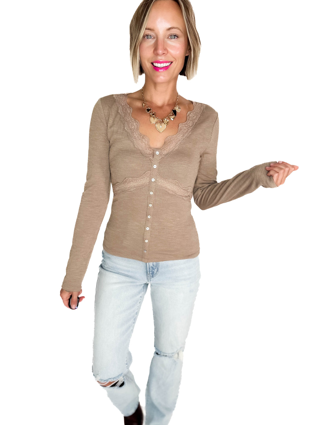 Darla Lace Trim Detail Long Sleeve Rib Top- MOCHA