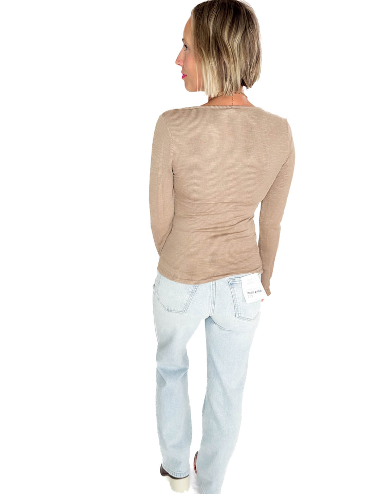 Darla Lace Trim Detail Long Sleeve Rib Top- MOCHA