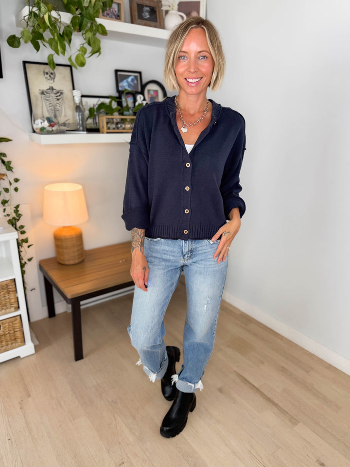 Tristyn Raw Edge Seam Button Down Cardigan- NAVY